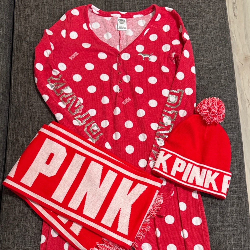 Vintage VS PINK Sequin Sleeve Pajama Onesie + Scarf & Beanie Set ✨